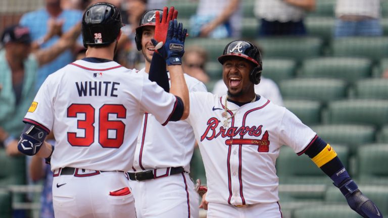 Atlanta Braves' Eli White (36) celebrates his three-run homer against the St. Louis Cardinals in the eighth inning of a baseball game, Wednesday, April 23, 2025, in Atlanta. (Mike Stewart/AP)