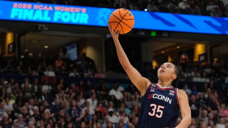 UConn guard Azzi Fudd puts up a shot against South Carolina during the first half of the national championship game at the Final Four of the women's NCAA basketball tournament, Sunday, April 6, 2025, in Tampa, Fla. (Chris O'Meara/AP)