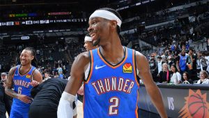 SAN ANTONIO, TX - MARCH 2: Shai Gilgeous-Alexander #2 of the Oklahoma City Thunder smiles after the game against the San Antonio Spurs on March 2, 2025 at the Frost Bank Center in San Antonio, Texas. (Photo by Michael Gonzales/NBAE via Getty Images)