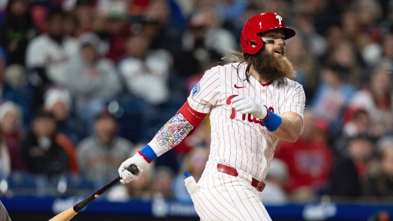 Philadelphia Phillies' Brandon Marsh in action during the baseball game against the San Francisco Giants, Tuesday, April 15, 2025, in Philadelphia. (AP/Chris Szagola)