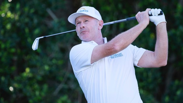 Brandt Snedeker hits from the third tee at La Quinta Country Club Course during the first round of the American Express golf tournament in La Quinta, Calif., Thursday, Jan. 16, 2025. (AP/William Liang)
