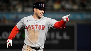 Boston Red Sox's Alex Bregman celebrates his home run during the seventh inning of a baseball game against the Tampa Bay Rays, Tuesday, April 15, 2025, in Tampa, Fla. (Jason Behnken/AP)