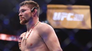 Bryce Mitchell stands in the Octagon after defeating Kron Gracie at UFC 310 at T-Mobile Arena in Las Vegas. (Wade Vandervort/Las Vegas Sun via AP)