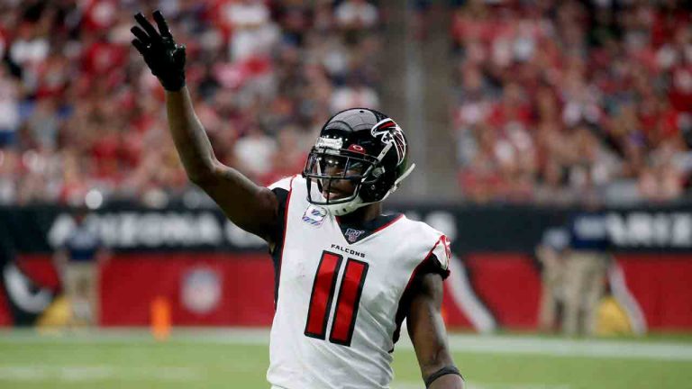 Atlanta Falcons wide receiver Julio Jones (11) motions during the first half of an NFL football game against the Arizona Cardinals, Sunday, Oct. 13, 2019, in Glendale, Ariz. (Ross D. Franklin/AP)