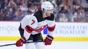 New Jersey Devils' Dougie Hamilton plays during an NHL game, Monday, Jan. 27, 2025, in Philadelphia. (AP Photo/Matt Slocum)