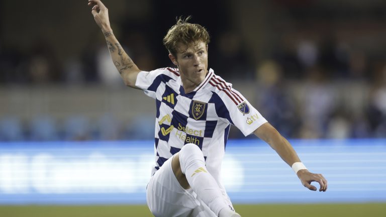 Real Salt Lake defender Bode Hidalgo (19) shoots at goal against the San Jose Earthquakes during an MLS soccer match, Saturday, Feb. 22, 2025, in San Jose, Calif. (AP Photo/Lachlan Cunningham)