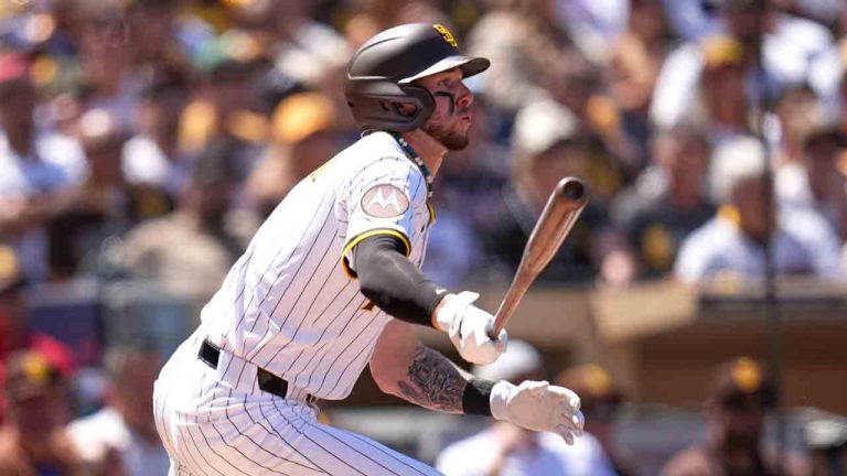 San Diego Padres' Jackson Merrill watches his two-RBI single during the first inning of an opening-day baseball game against the Atlanta Braves Thursday, March 27, 2025, in San Diego. (Gregory Bull/AP)