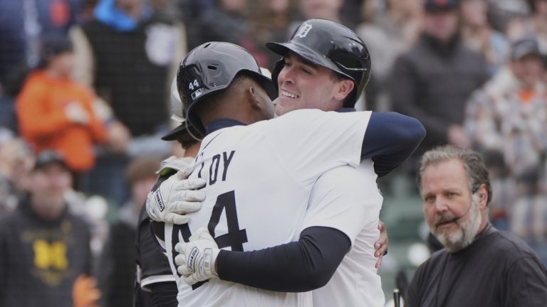Detroit Tigers' Kerry Carpenter, right, celebrates his two-run home run with Justyn-Henry Malloy (44) against the Chicago White Sox in the second inning during a baseball game, Saturday, April 5, 2025, in Detroit. (AP Photo/Paul Sancya)
