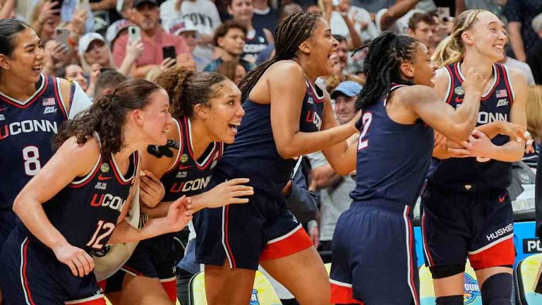 UConn players react late in the second half of the national championship game against South Carolina at the Final Four of the women's NCAA college basketball tournament, Sunday, April 6, 2025, in Tampa, Fla. (John Raoux/AP)