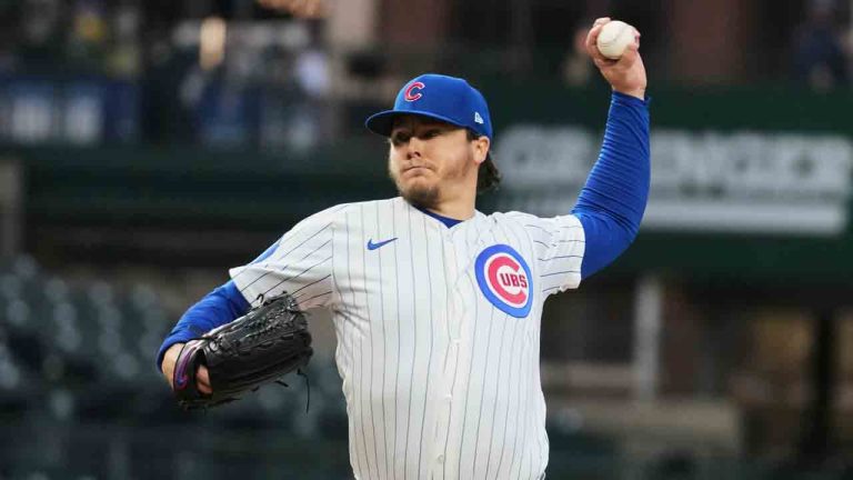 Chicago Cubs starting pitcher Justin Steele throws against the Texas Rangers during the first inning of a baseball game in Chicago, Monday, April 7, 2025. (Nam Y. Huh/AP)