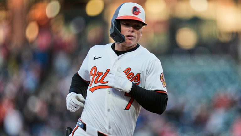 Baltimore Orioles' Jackson Holliday rounds the bases after hitting a grand slam during the second inning of a game against the Cleveland Guardians, Wednesday, April 16, 2025, in Baltimore. (AP Photo/Stephanie Scarbrough)