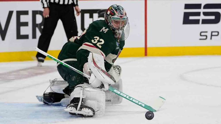 Minnesota Wild goaltender Filip Gustavsson (32) defends against a shot during the second period of Game 3 of a first-round NHL hockey playoff series against the Vegas Golden Knights, Thursday, April 24, 2025, in St. Paul, Minn. (Abbie Parr/AP)