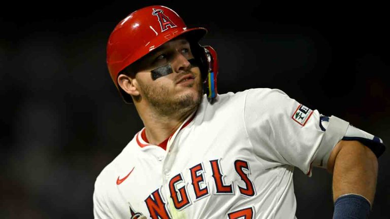 Los Angeles Angels outfielder Mike Trout (27) in action during the eighth inning of a baseball game against the Pittsburgh Pirates in Anaheim, Calif., Thursday, April 24, 2025. (Alex Gallardo/AP)
