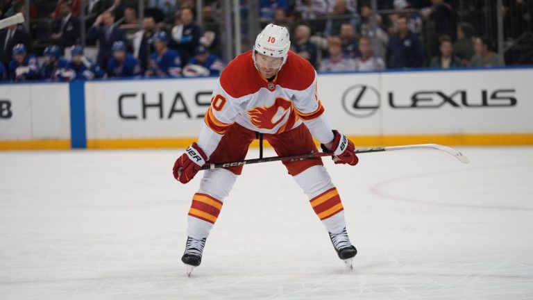 Calgary Flames' Jonathan Huberdeau (10) during the first period of an NHL hockey game against the New York Rangers Tuesday, March 18, 2025, in New York. (Frank Franklin II/AP)