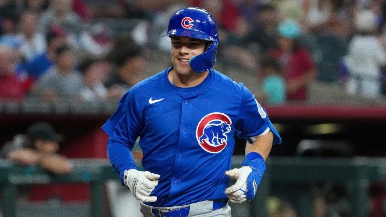 Chicago Cubs' Matt Shaw smiles after hitting a home run against the Arizona Diamondbacks during the seventh inning of a baseball game Saturday, March 29, 2025, in Phoenix. (Darryl Webb/AP)