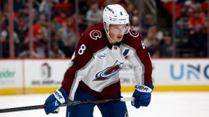 Colorado Avalanche's Cale Makar (8) waits for a face-off against the Carolina Hurricanes during the third period of an NHL hockey game in Raleigh, N.C., Thursday, Dec. 5, 2024. (Karl B DeBlaker/AP)