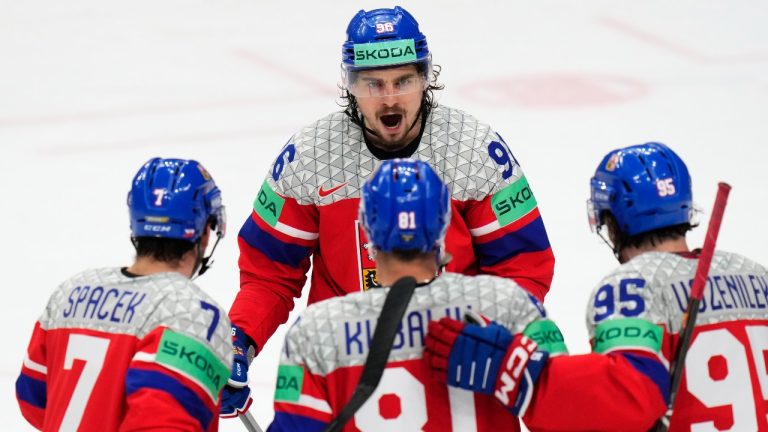 Czech Republic's Dominik Kubalik, center down, celebrates with Czech Republic's David Tomasek, up, and other teammates after scoring his sides second goal during the preliminary round match between Czech Republic and Austria at the Ice Hockey World Championships in Prague, Czech Republic, Friday, May 17, 2024. (AP Photo/Petr David Josek)