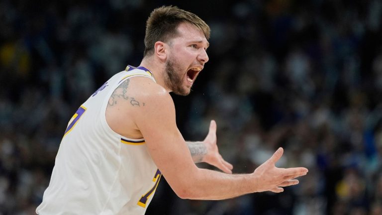 Los Angeles Lakers guard Luka Doncic (77) reacts after a foul called on the Lakers during the first half of Game 4 of an NBA basketball first-round playoff series against the Minnesota Timberwolves, Sunday, April 27, 2025, in Minneapolis. (Abbie Parr/AP)