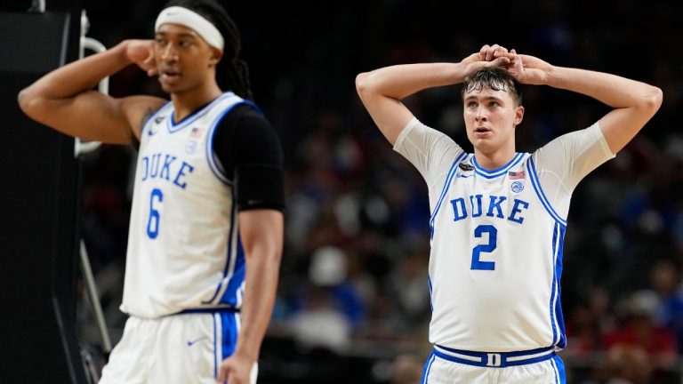 Duke forward Cooper Flagg reacts against the Houston during the second half in the national semifinals at the Final Four of the NCAA college basketball tournament, Saturday, April 5, 2025, in San Antonio. (Brynn Anderson/AP)