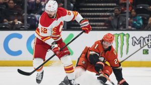 Calgary Flames defenceman MacKenzie Weegar, left, controls the puck away from Anaheim Ducks centre Isac Lundestrom during the first period of an NHL hockey game, Wednesday, April 9, 2025, in Anaheim, Calif. (Etienne Laurent/AP)
