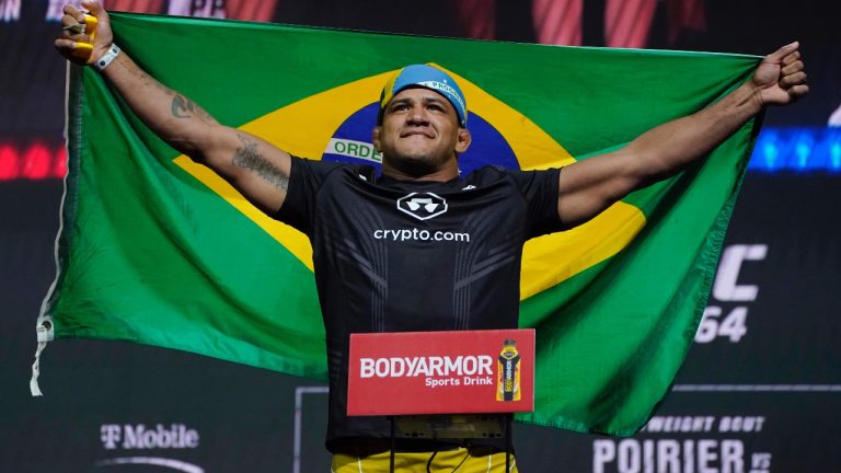 Gilbert Burns poses during a ceremonial weigh-in for a UFC 264 mixed martial arts bout Friday, July 9, 2021, in Las Vegas. Burns is scheduled to fight Stephen Thompson in a welterweight bout Saturday in Las Vegas. (AP/John Locher)