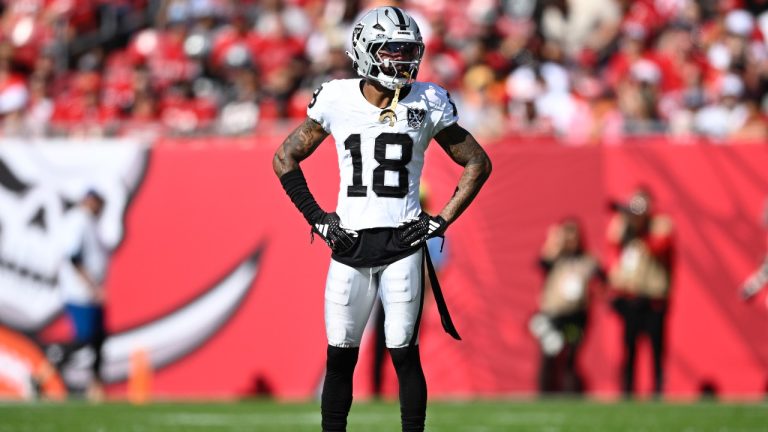 Las Vegas Raiders cornerback Jack Jones sets up for a play against the Tampa Bay Buccaneers during the first half of an NFL game, Sunday, Dec. 8, 2024, in Tampa, Fla. (AP/Phelan M. Ebenhack)