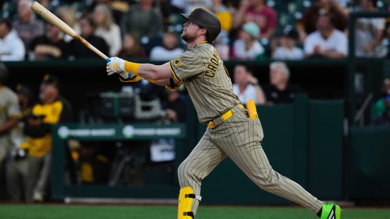 San Diego Padres' Jake Cronenworth watches his two-run home run during the first inning of a baseball game against the Athletics, Monday, April 7, 2025, in West Sacramento, Calif. (AP/Godofredo A. Vásquez)