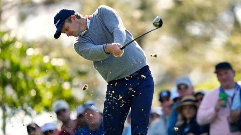 Justin Rose hits his tee shot on the fourth hole during the second round at the Masters golf tournament, Friday, April 11, 2025, in Augusta, Ga. (Julia Demaree Nikhinson/AP)