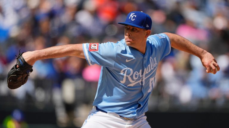 Kansas City Royals starting pitcher Kris Bubic throws during the fourth inning of a baseball game against the Baltimore Orioles, Sunday, April 6, 2025, in Kansas City, Mo. (AP/Charlie Riedel)