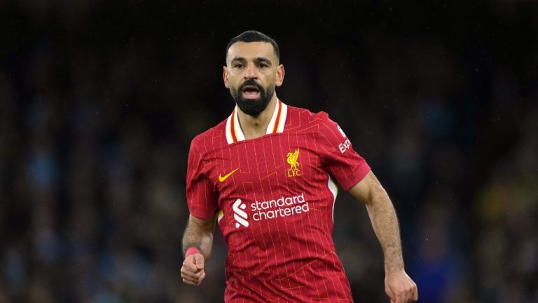 Liverpool's Mohamed Salah runs into position during the English Premier League soccer match between Manchester City and Liverpool, at the Etihad Stadium in Manchester, England, Sunday, Feb. 23, 2025. (Dave Shopland/AP)