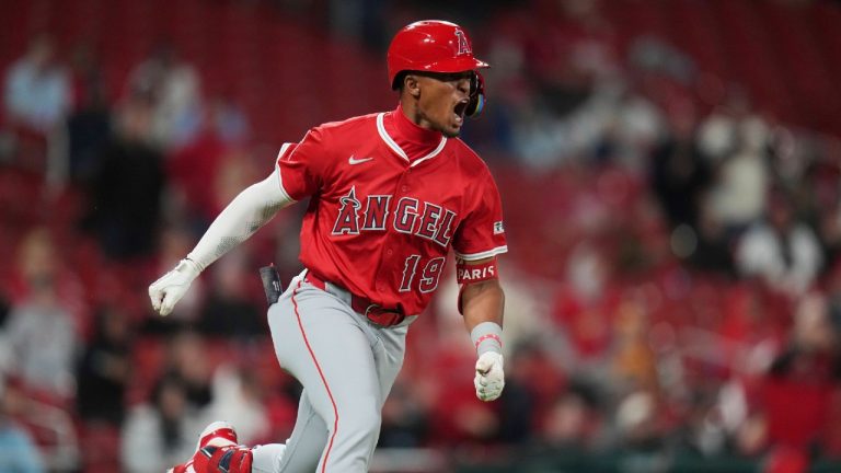 Los Angeles Angels' Kyren Paris celebrates after hitting an RBI single during the 11th inning of a baseball game against the St. Louis Cardinals Tuesday, April 1, 2025, in St. Louis. (Jeff Roberson/AP)