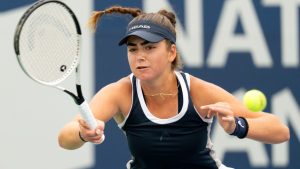Marina Stakusic of Canada hits a forehand to Taylor Townsend of the USA at the National Bank Open in Toronto on Thursday August 8, 2024. (Frank Gunn/CP)