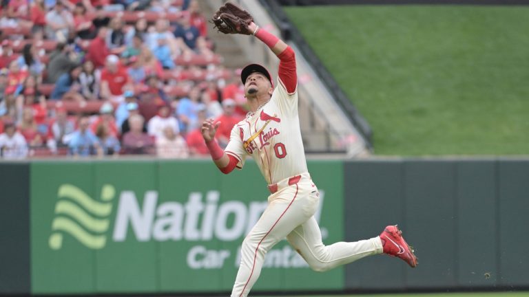 St. Louis Cardinals shortstop Masyn Winn makes a catch during the ninth inning of a baseball game against the Minnesota Twins on Saturday, March 29, 2025 in St. Louis. (AP/Michael Thomas)