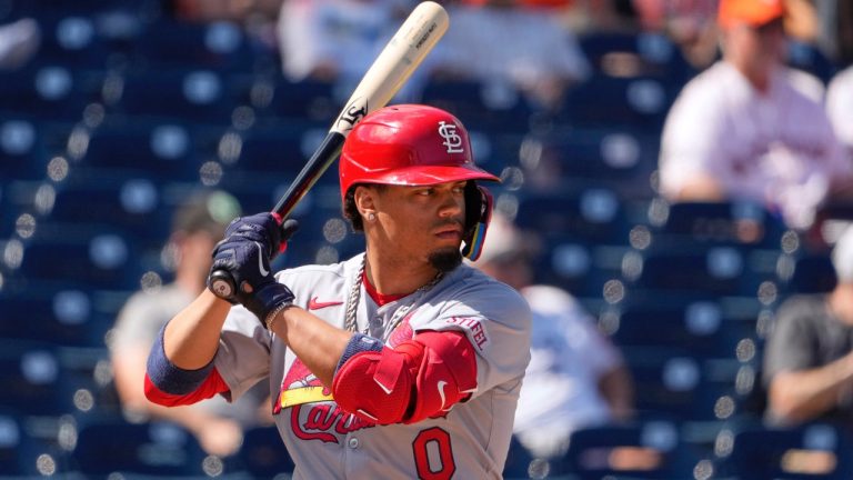 St. Louis Cardinals' Masyn Winn bats during the third inning of a spring training baseball game against the Houston Astros Friday, Feb. 28, 2025, in West Palm Beach, Fla. (AP/Jeff Roberson)