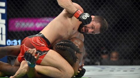 Mateusz-Gamrot-punches-Jalin-Turner-during-a-UFC-285-mixed-martial-arts-lightweight-bout-in-Las-Vegas