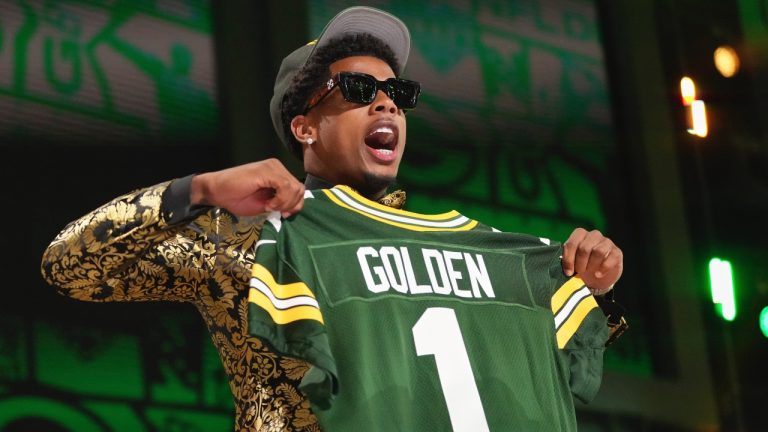 Texas wide receiver Matthew Golden celebrates after being chosen by the Green Bay Packers with the 23rd overall pick during the first round of the NFL draft, Thursday, April 24, 2025, in Green Bay, Wis. (AP/Jeff Roberson)