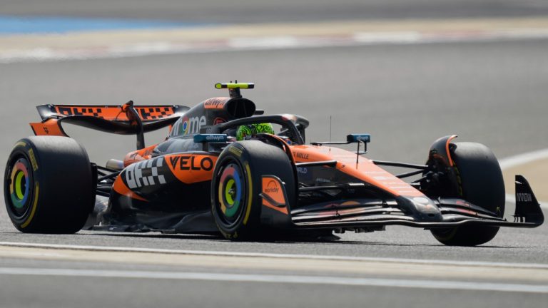 McLaren driver Lando Norris of Britain in action during the Formula One 2025 Bahrain Grand Prix, in Sakhir, Friday, April 11, 2025. (Altaf Qadri/AP)