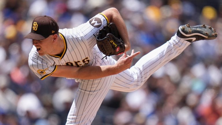 San Diego Padres starting pitcher Nick Pivetta works against a Chicago Cubs batter during the second inning of a game Wednesday, April 16, 2025, in San Diego. (AP/Gregory Bull)