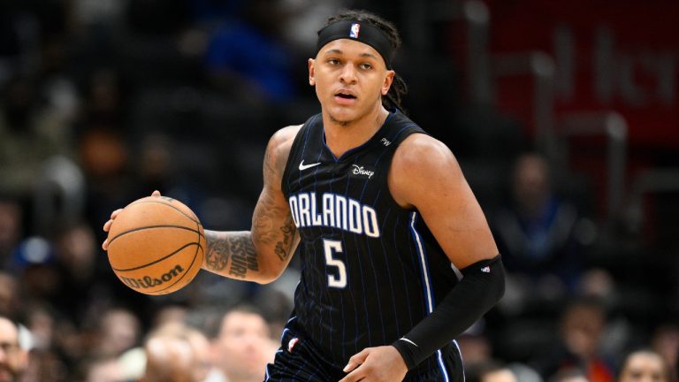 Orlando Magic forward Paolo Banchero dribbles the ball during the second half of an NBA basketball game against the Washington Wizards, Thursday, April 3, 2025, in Washington. (Nick Wass/AP)