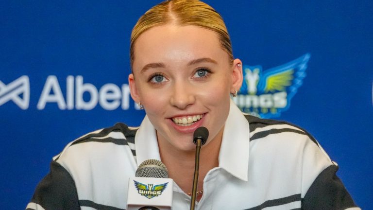 Dallas Wings' Paige Bueckers, selected No. 1 overall in the WNBA basketball draft, speaks during an introductory press conference Wednesday, April 23, 2025, in Dallas. (AP Photo/Julio Cortez)
