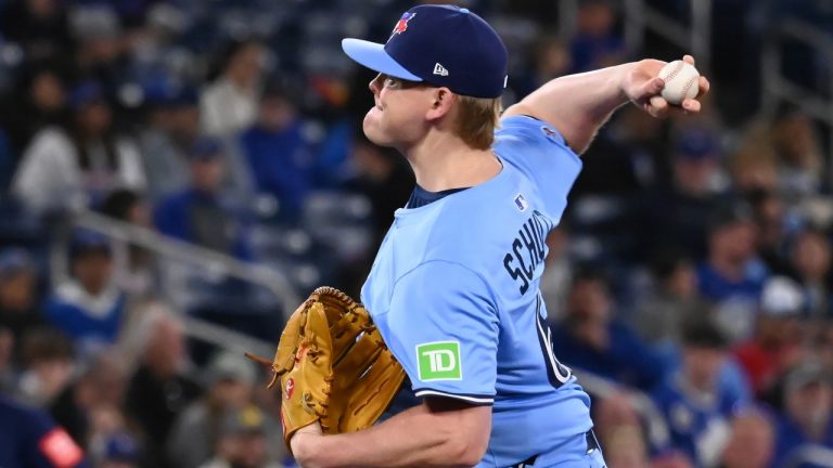 Toronto Blue Jays relief pitcher Paxton Schultz throws to a Seattle Mariners batter in his major league debut during third inning American League action in Toronto on Sunday, April 20, 2025. (THE CANADIAN PRESS/Jon Blacker)