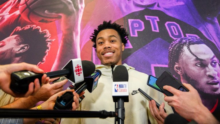 Toronto Raptors Scottie Barnes speaks to members of the media at a press conference in Toronto, on Monday, July 8, 2024. THE CANADIAN PRESS/Christopher Katsarov