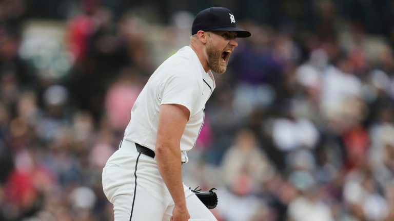 Detroit Tigers pitcher Will Vest reacts to the final out against the Baltimore Orioles in the ninth inning during the first baseball game of a doubleheader, Saturday, April 26, 2025, in Detroit. (Paul Sancya/AP)