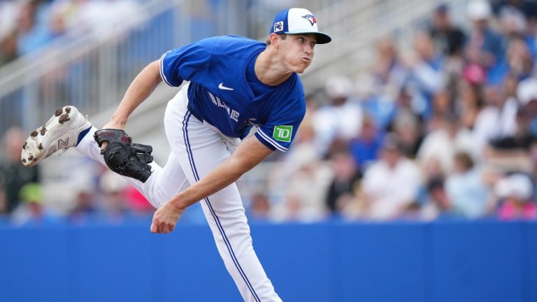 Toronto Blue Jays pitcher Easton Lucas works against the New York Yankees during first inning Grapefruit League MLB baseball action in Dunedin Fla., on Saturday, February 22, 2025. (Nathan Denette/CP)