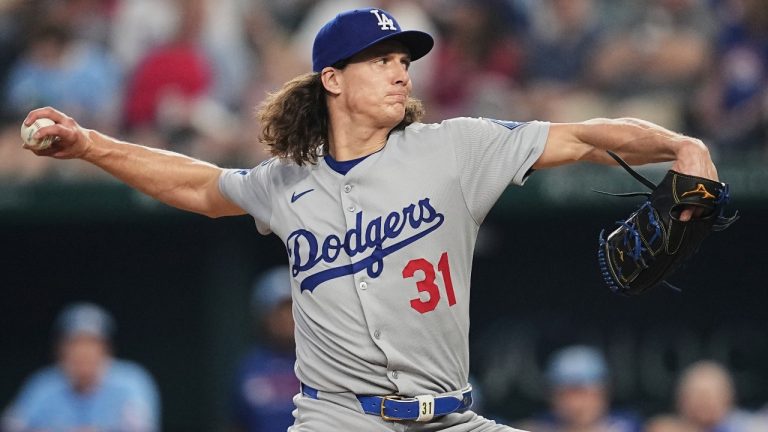 Los Angeles Dodgers starting pitcher Tyler Glasnow throws to the Texas Rangers in the second inning of a baseball game in Arlington, Texas, Sunday, April 20, 2025. (AP Photo/Tony Gutierrez)