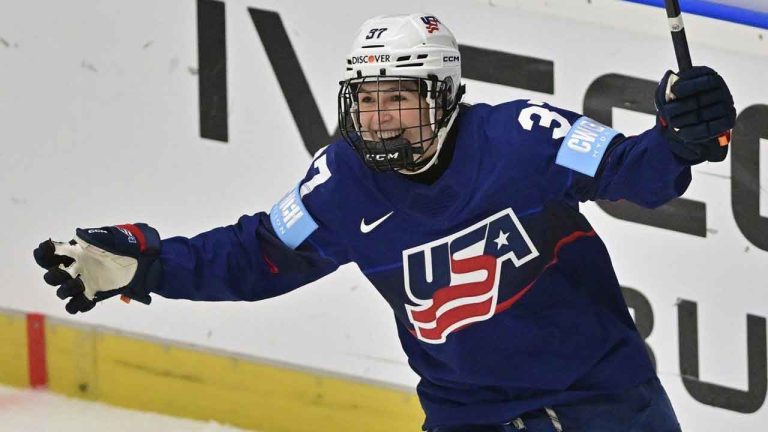 United States' Abbey Murphy celebrates a goal against the Czech Republic during a Group A match at the women's world ice hockey championships. (Vaclav Pancer/AP)