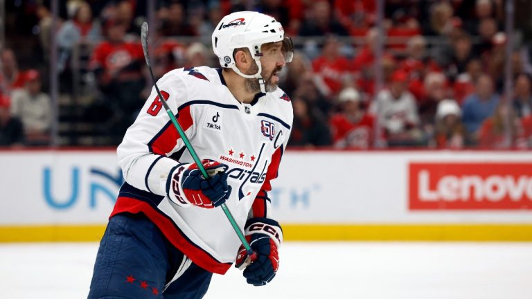 Washington Capitals' Alex Ovechkin (8) chases the puck against the Carolina Hurricanes during the first period of an NHL hockey game in Raleigh, N.C., Wednesday, April 2, 2025. (Karl DeBlaker/AP)