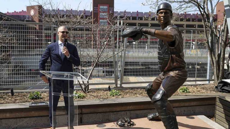 Former Minnesota Twins player Joe Mauer speaks after his statue was unveiled before a baseball game between the Minnesota Twins and the Detroit Tigers Sunday, April 13, 2025, in Minneapolis. (Matt Krohn/AP)