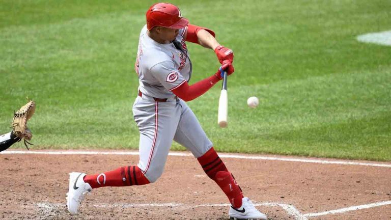 Cincinnati Reds' Noelvi Marte hits a RBI double during the fourth inning of a baseball game against the Baltimore Orioles, Sunday, April 20, 2025, in Baltimore. (Nick Wass/AP)