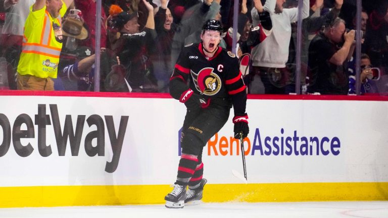 Ottawa Senators' Brady Tkachuk (7) celebrates his goal against the Toronto Maple Leafs during third period NHL playoff action in Ottawa, on Thursday, April 24, 2025. (Justin Tang/CP)